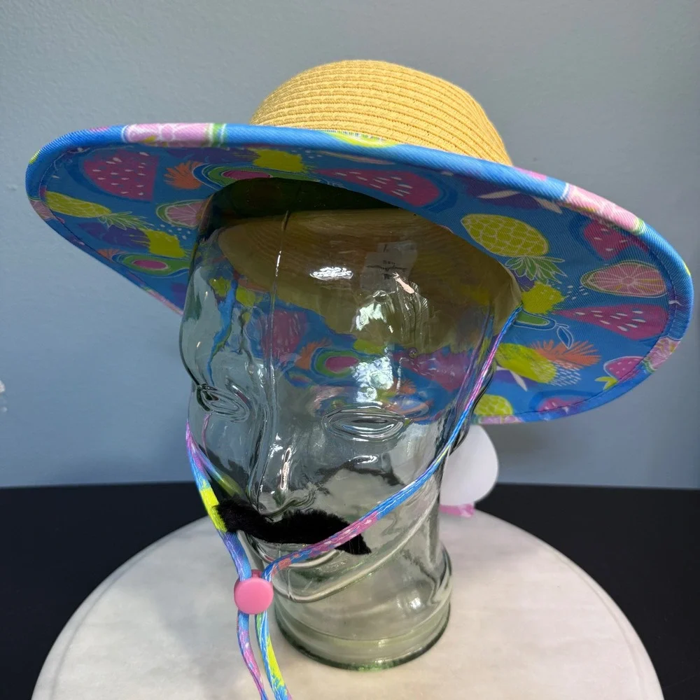 Tommy Bahama Kids Straw Sun Hat Tropical Fruit Print Wide Brim Adjustable Strap